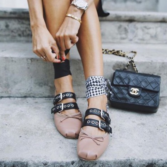 Boutique Shoes - Punk Rock Chic Tan Buckle Bow Wrap Lace Up Flats